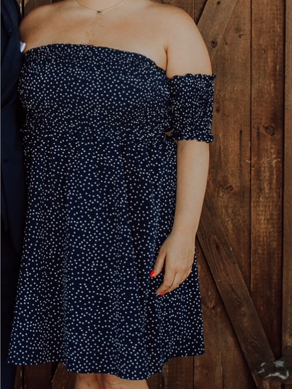 SHEIN Navy Blue Off-Shoulder Polka Dot Dress